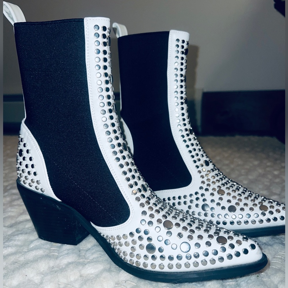 Sergio Todzi White with Black Elastic, Studded Pointed Toe Ankle Boots